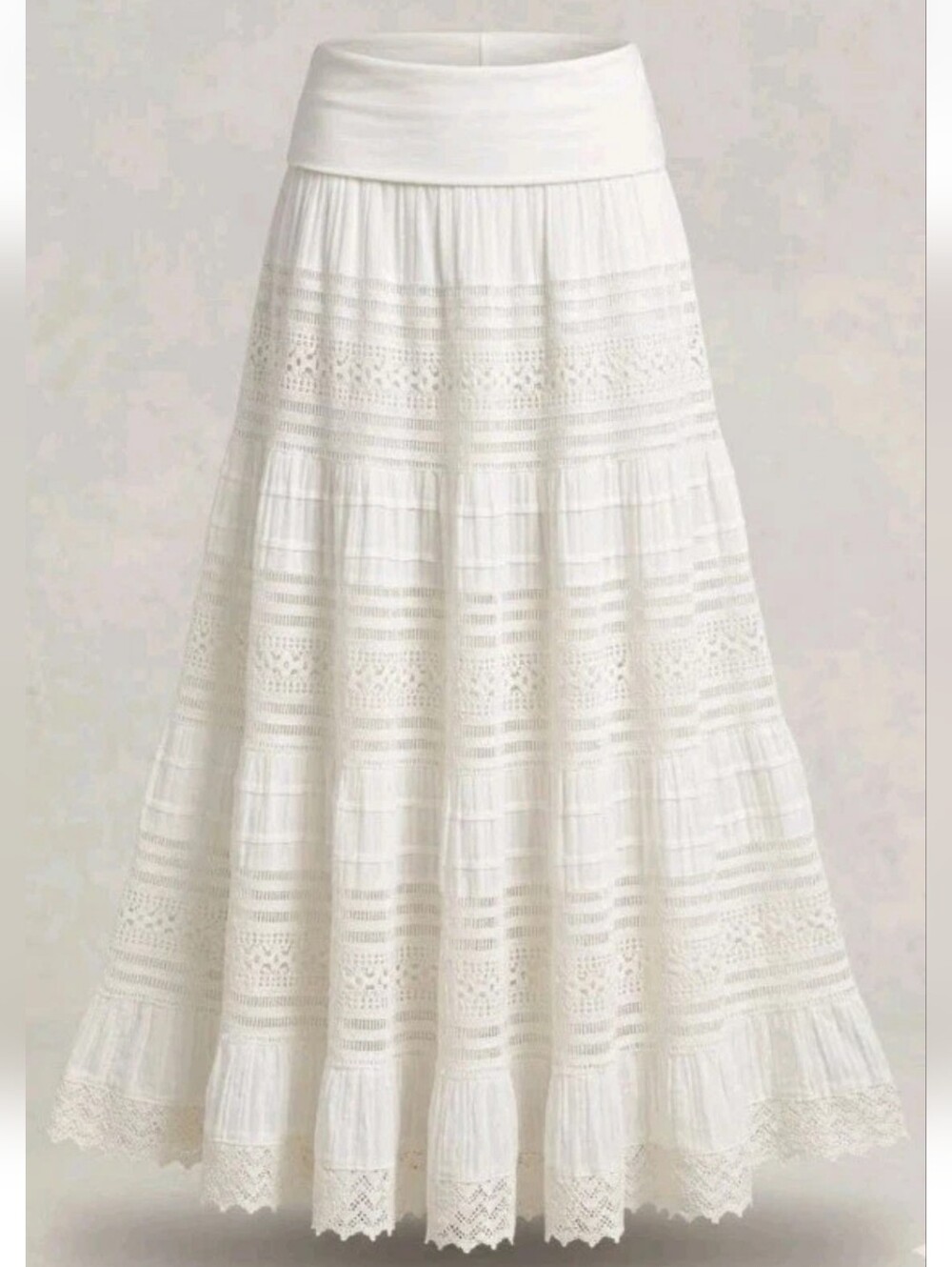 Vintage Y2k White Tiered Gauzy Maxi Skirt Fold Over Waist Crochet Lace Boho S - Picture 2 of 9